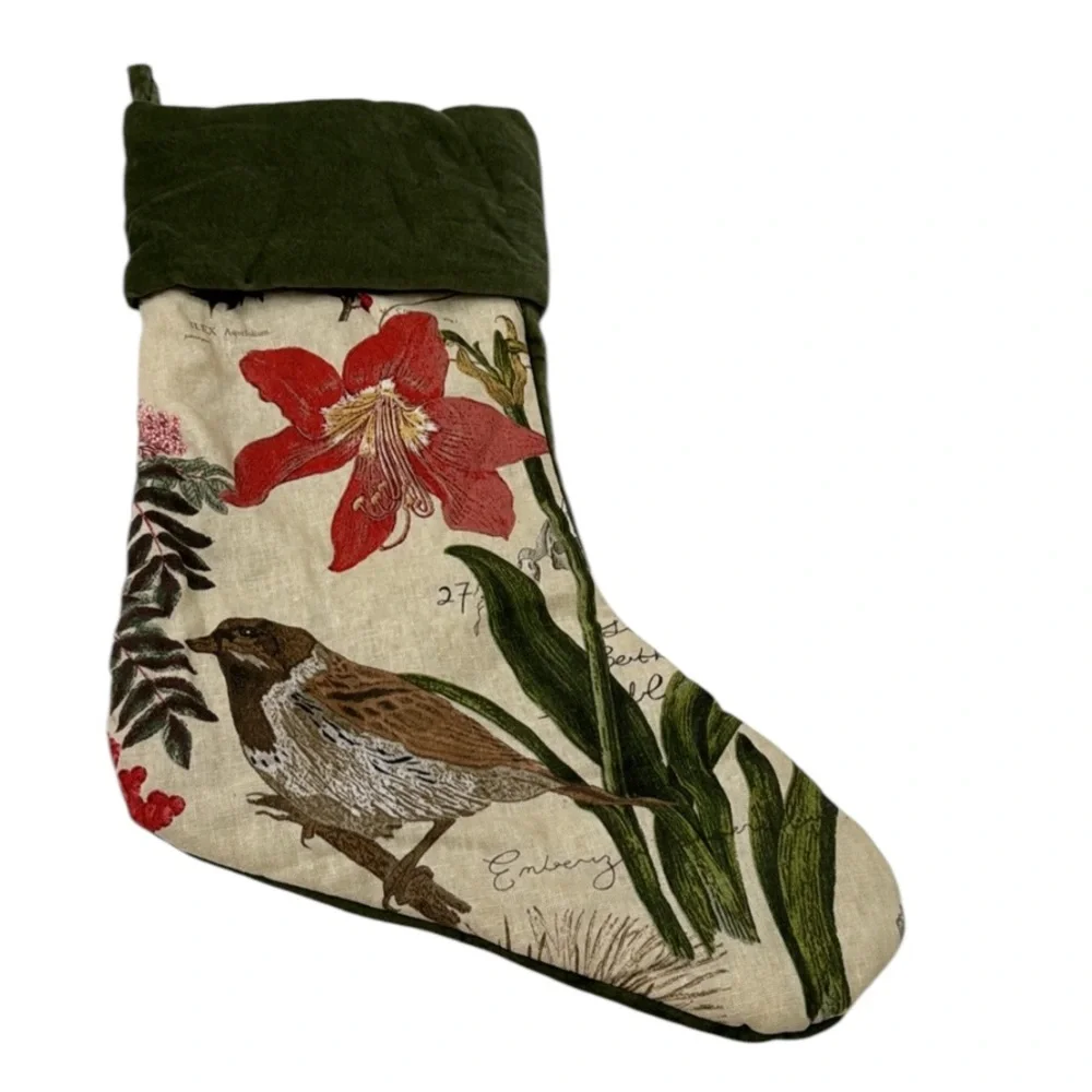 Pottery Barn 2010 Lined Poinsettia Birds Velvet Christmas Stockings - Picture 2 of 8